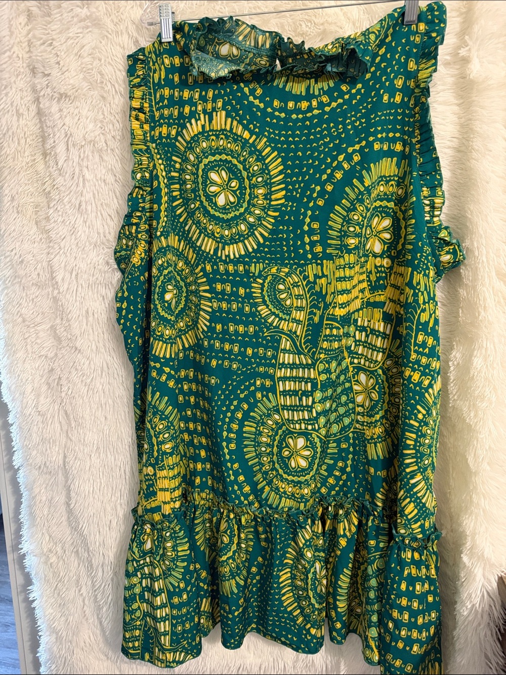 SHEIN Green and Yellow Printed Ruffle-Hem Sleeveless Dress